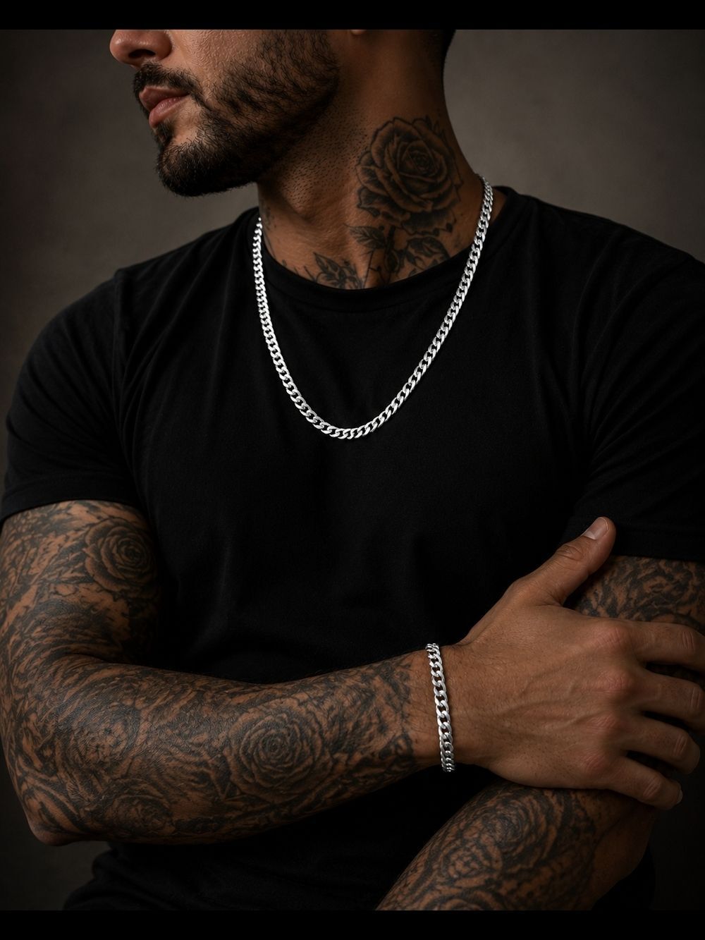.925 Sterling Silver Plated Cuban Link Necklace And Bracelet Set